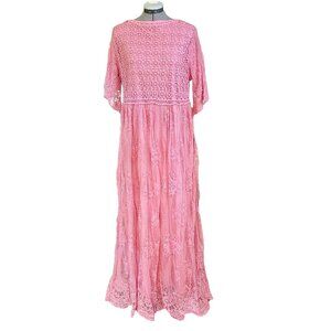 Tea n Rose Crochet‎ Lace Overlay Pink Maxi Dress L Butterfly Sleeves